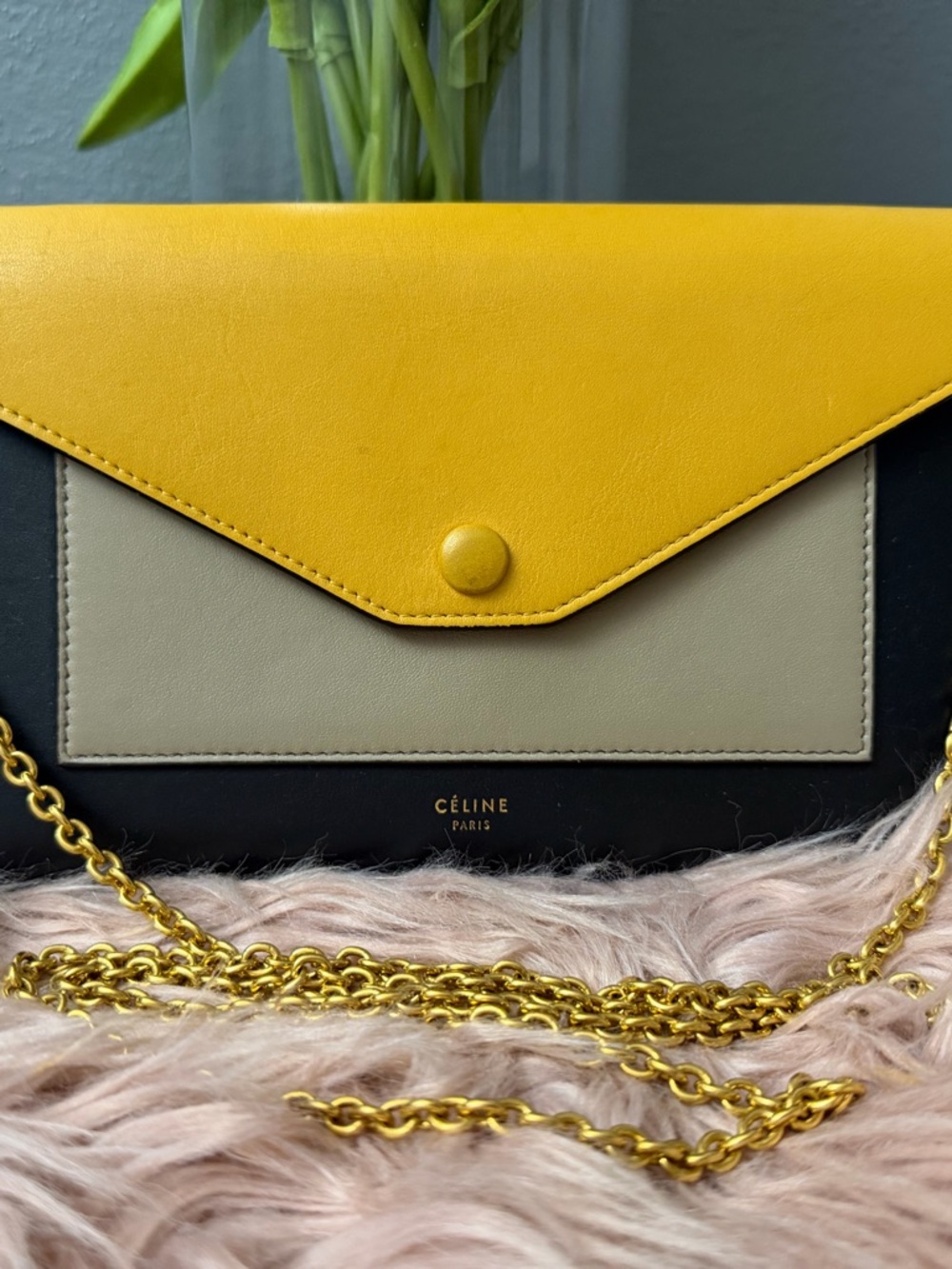 Authentic Celine Tricolor Leather Envelope Crossbody Bag in Yellow - Picture 2 of 7